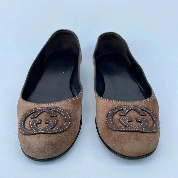 Gucci Interlocking GG Logo Ballet Flats Shoes Brown Suede Slip Ons 7.5 Size 37.5 - Picture 2 of 11
